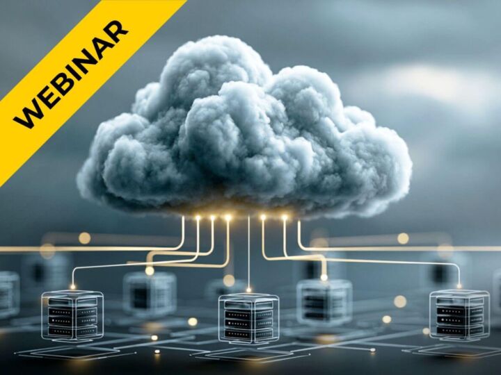 Illustration einer Cloud mit verbundenen Servern als Symbol für Hybrid Security. Webinar zur ganzheitlichen Absicherung von Cloud- und On-Premises-Umgebungen mit Wiz.