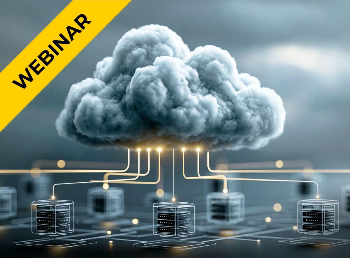 Illustration einer Cloud mit verbundenen Servern als Symbol für Hybrid Security. Webinar zur ganzheitlichen Absicherung von Cloud- und On-Premises-Umgebungen mit Wiz.